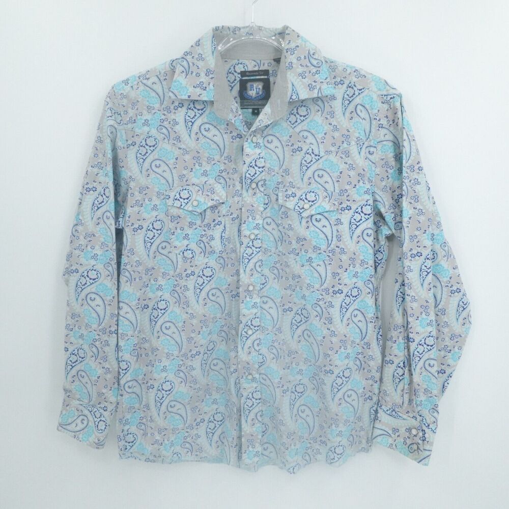 Resistol University Shirt Men Medium Gray Pearl Snap Paisely Wester Cowboy Rodeo